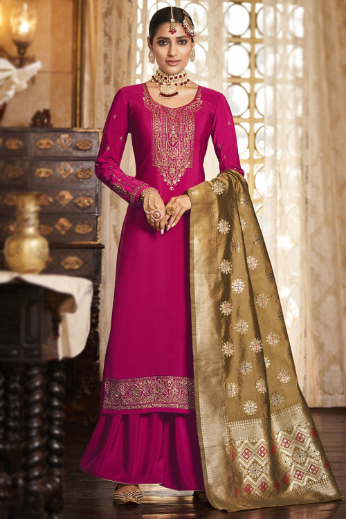 Rani Pink Crepe Embroidered Sharara Suit