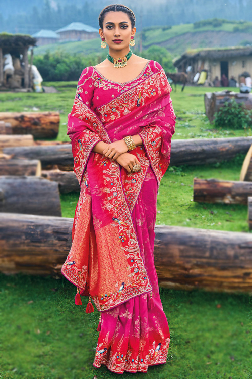 Rani Pink Embroidered Silk Wedding Wear Saree 