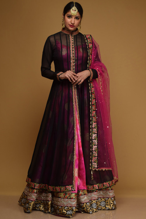 Rani Pink Foil Print Eid Anarkali Suit In Art Silk Fabric