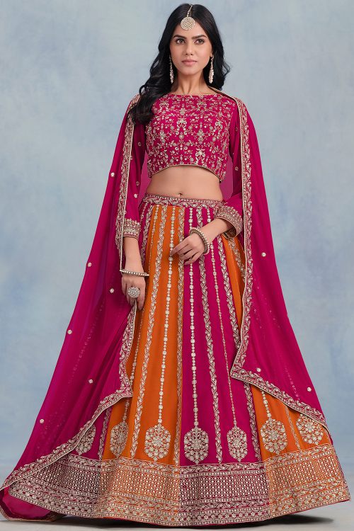 Rani Pink Georgette Embroidered Panelled Style Lehenga