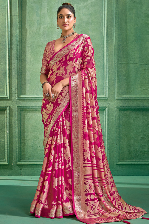 Rani Pink Georgette Woven Zari Light Weight Saree 