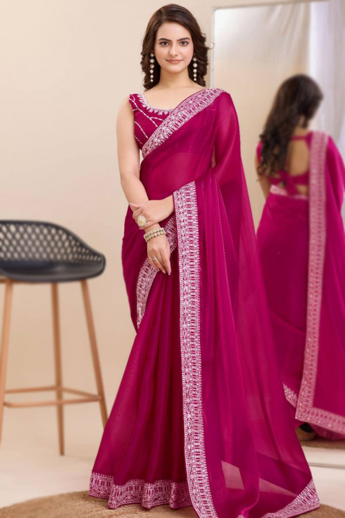 Rani Pink Lace Embroidered Organza Light Weight Saree