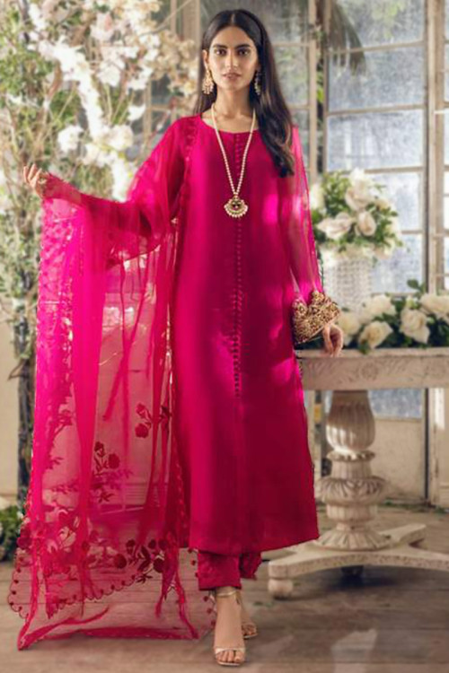 Rani Pink Upada Silk Plain Party Wear Anarkali Suit