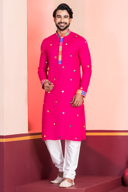 Rani Pink Rayon Embroidered Men's Straight Cut Kurta Churidar