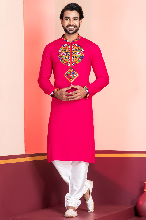 Rani Pink Rayon Men's Kurta Churidar With Mirror Work For Festival