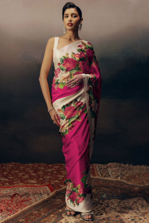 Rani Pink Satin Printed Light Weight Saree