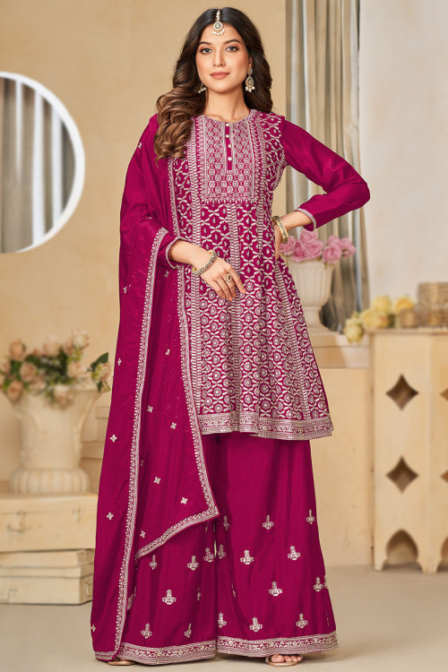 Rani Pink Sequins Embroidered Chinnon Palazzo Suit For Sangeet 