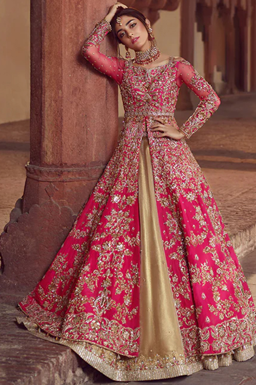 Rani Pink Silk Blend Embroidered Long Choli Lehenga for Reception 