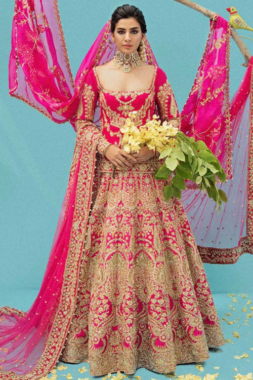 Rani Pink Silk Embroidered Bridal Wear Lehenga