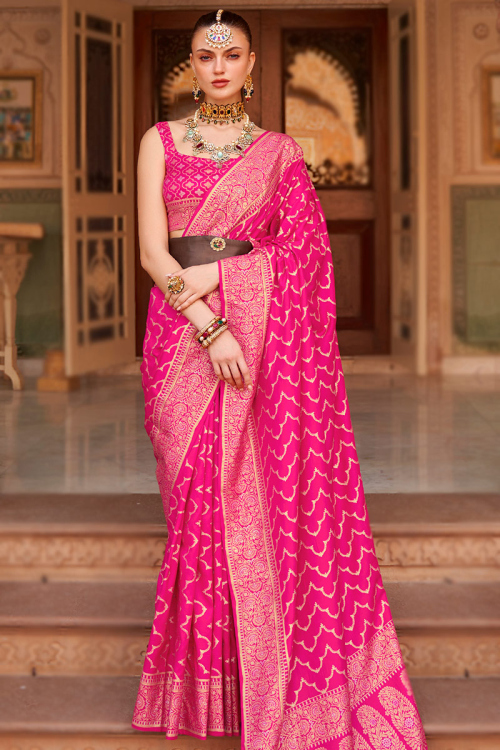 Rani Pink Silk Foil Print Broad Border Saree