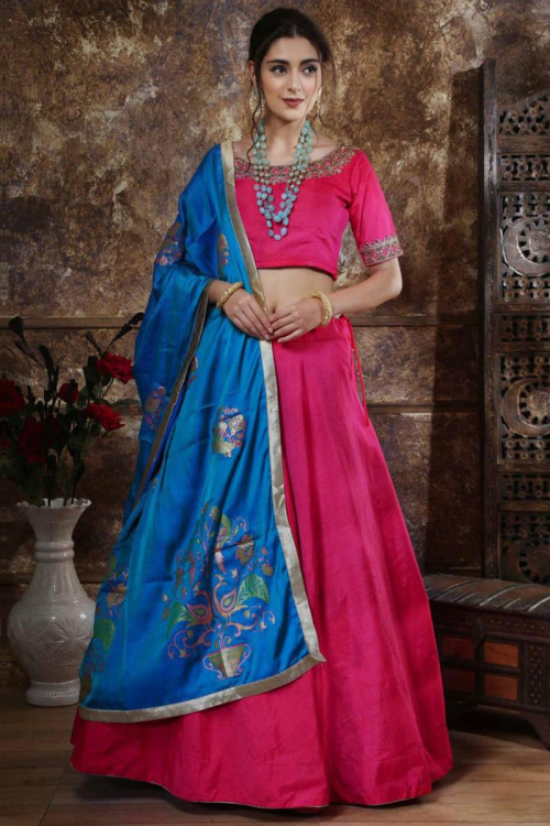 Rani Pink Silk Lehenga with Rani Pink Silk Choli
