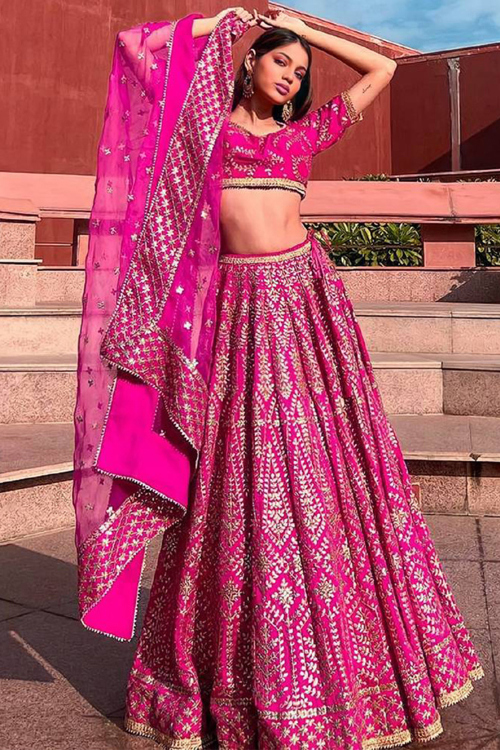 Rani Pink Silk Lehenga with Zari Work for Wedding & Diwali
