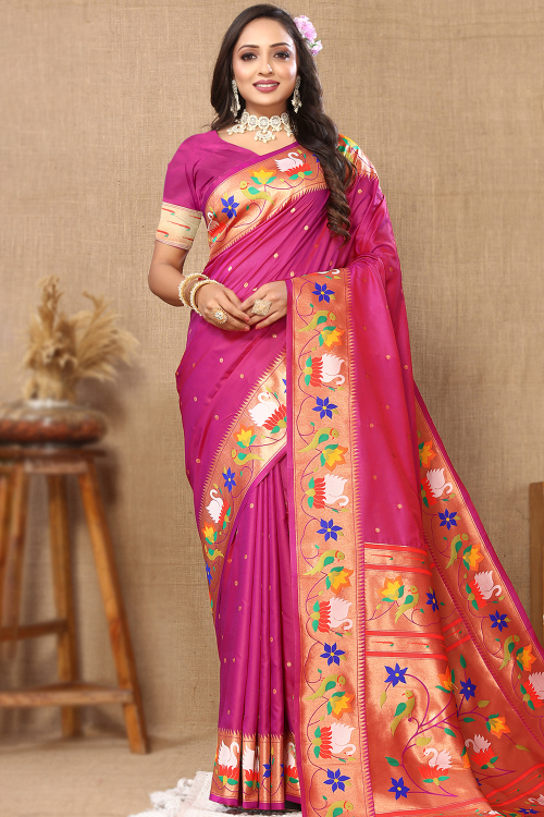 Rani Pink Soft Silk Paithani Saree With Weaved Work