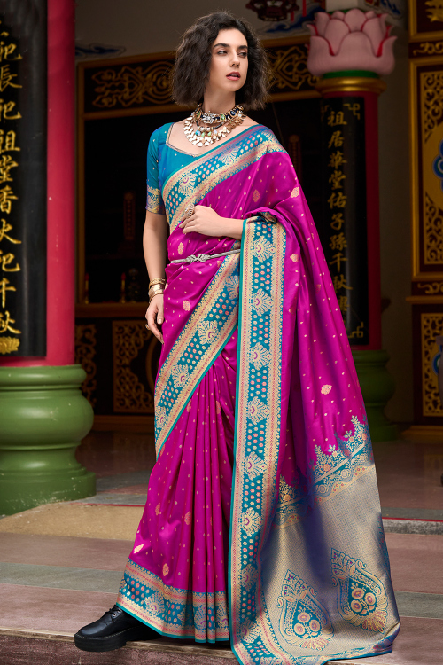Rani Pink Soft Silk Saree With Weaved Work For Weddings