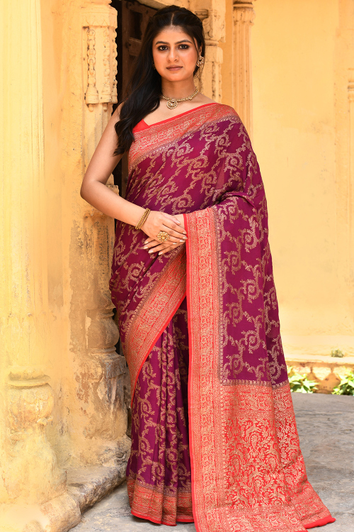 Rani Pink Soft Silk Woven Zari Broad Border Saree 