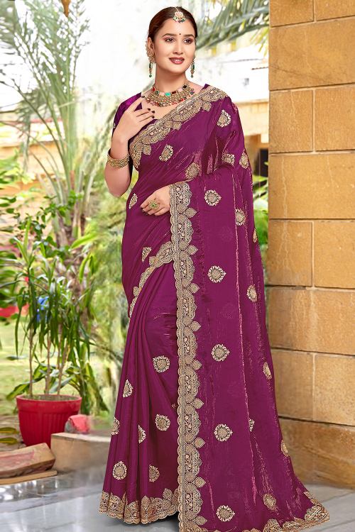 Rani Pink Stone Embellished Organza Saree For Diwali