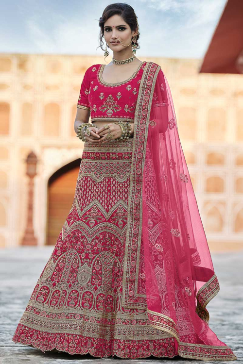 Rani Pink Velvet A Line Lehenga with Stone embroidery
