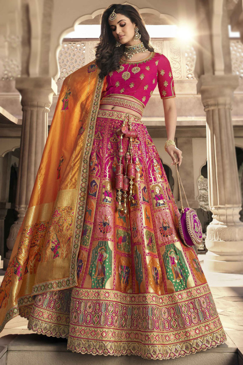 Rani Pink Woven Zari Silk Lehenga