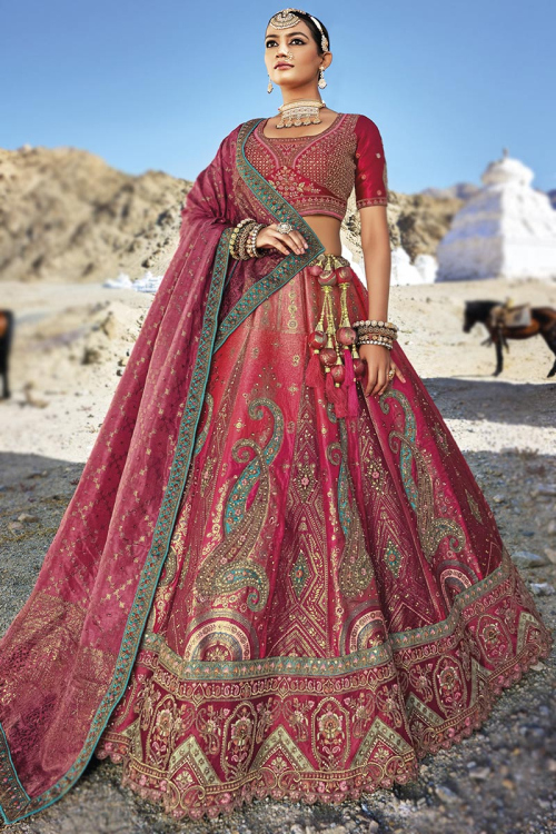 Rani Pink Woven Zari Silk Panelled Style Lehenga