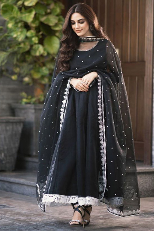 Raw Silk Anarkali Suit In Black Color
