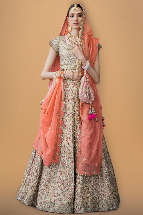 Raw Silk Beige Zari Embroidered Lehenga