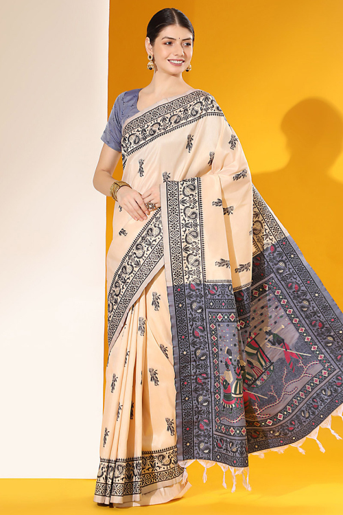 Raw Silk Cream Beige Woven Zari Saree