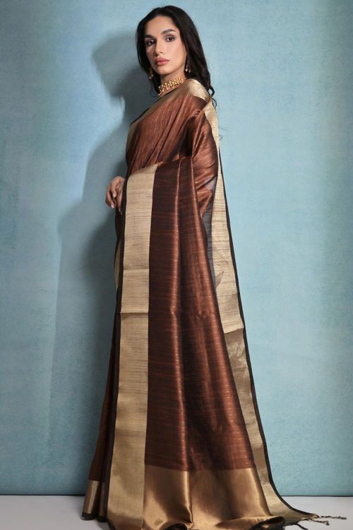 Raw Silk Dark Brown Zari Weaved Light Weight Saree 