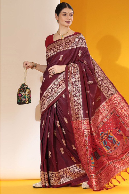 Raw Silk Dark Maroon Woven Zari Saree