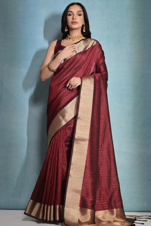 Raw Silk Dark Maroon Zari Weaved Light Weight Saree 