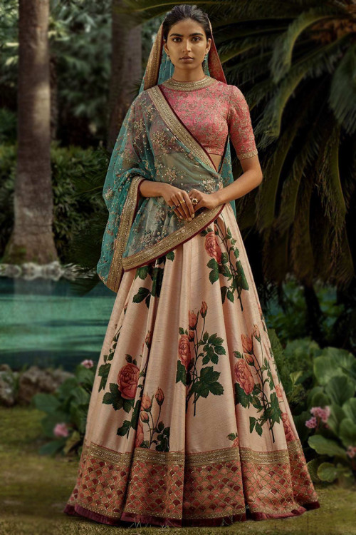 Satin Embroidery Lehenga Choli In Green Colour - LD4900220
