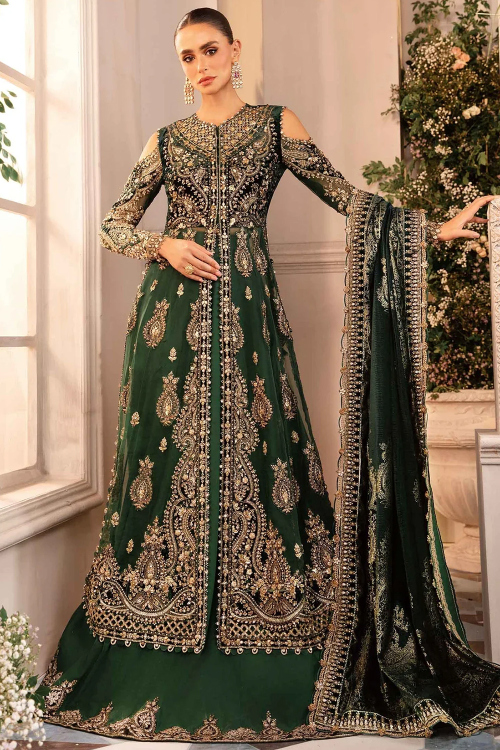 Raw Silk Embroidered Emerald Green Lehenga With Long Choli 
