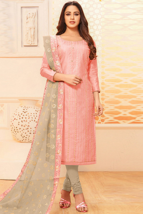 Raw Silk Indian Churidar Suit In Light Pink Colour