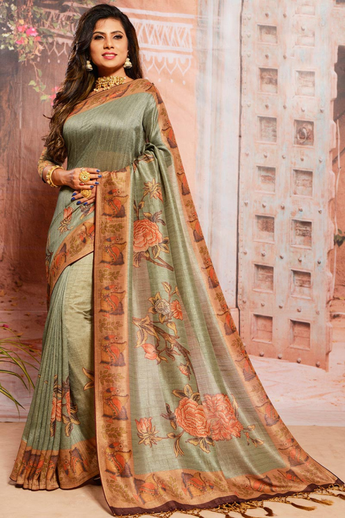 Raw Silk Indian Saree In Dusty Green Colour