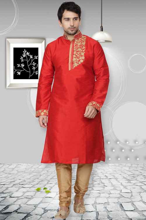 Raw Silk Kurta Pajama Set In Red Colour