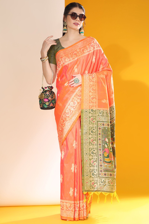 Raw Silk Salmon Orange Woven Zari Saree
