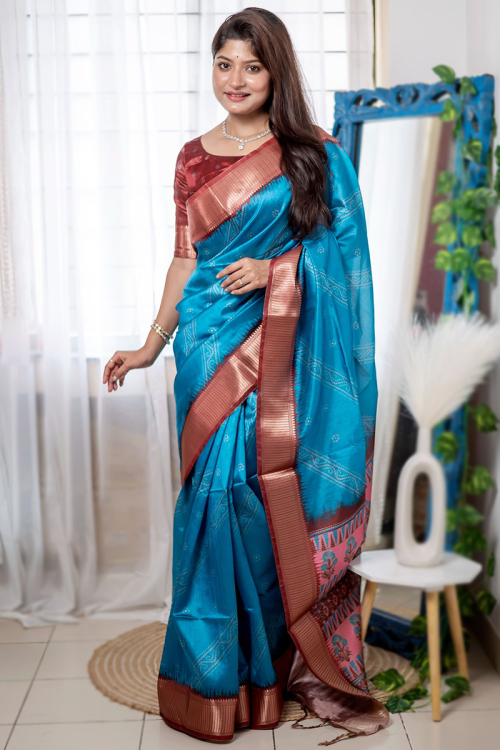 Raw Silk Sea Blue Bandhani Printed Saree 