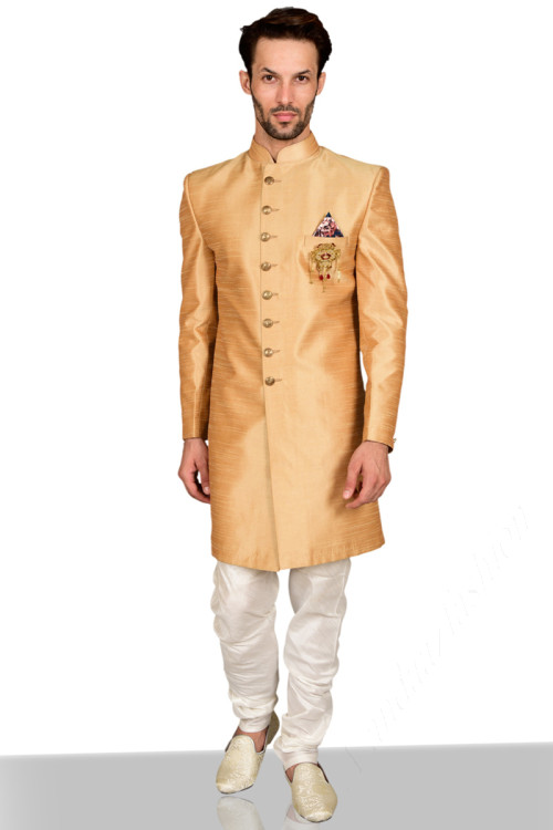Raw Silk Sherwani In Golden Beige Colour 