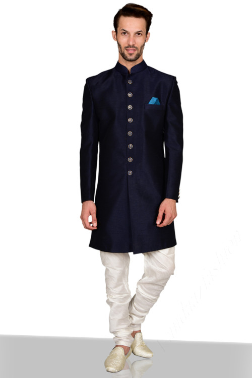 Raw Silk Sherwani In Navy Blue Colour