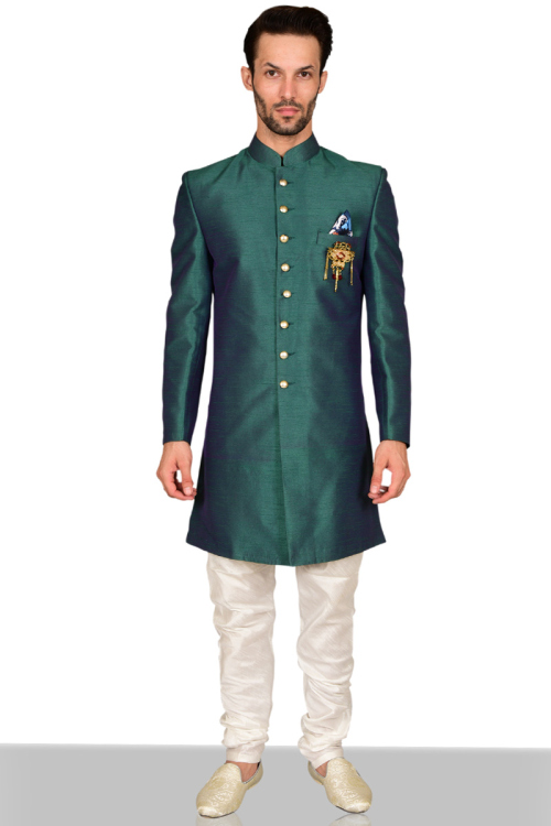 Raw Silk Sherwani In Peacock Green Colour 