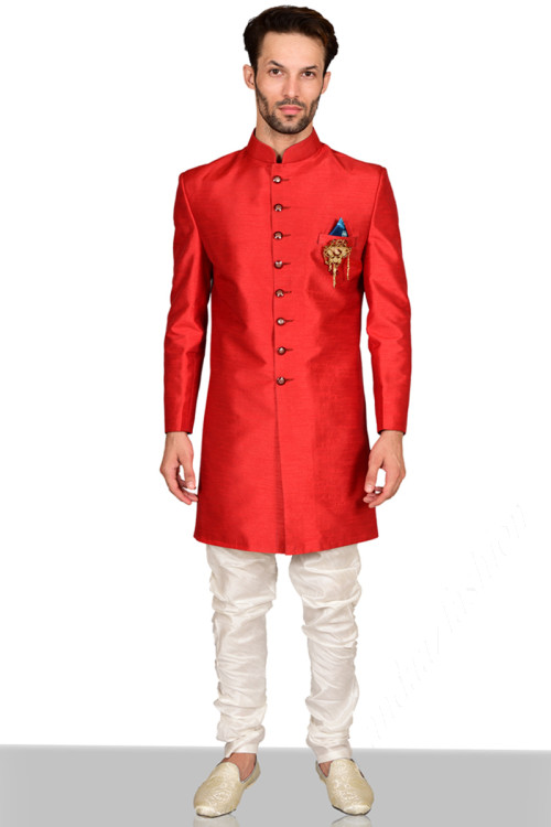 Raw Silk Sherwani In Red Colour For Men