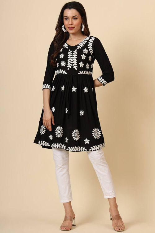 Rayon Black Embroidered Ready Made Frock Style Kurti