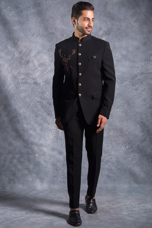 Rayon Black Embroidered Jodhpuri Style Men's Suit