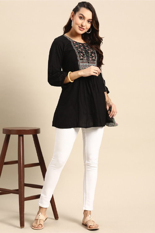 Rayon Black Embroidered Short Kurti For Casual Wear