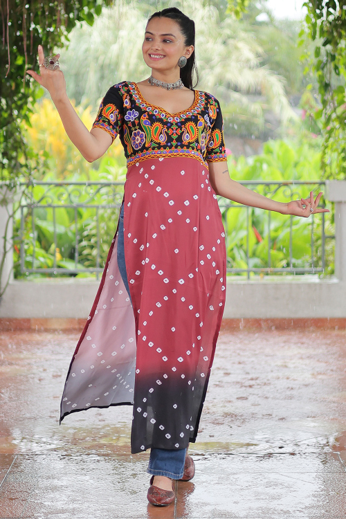 Rayon Brick Red Straight Cut Bandhej Printed Kurti For Navratri 