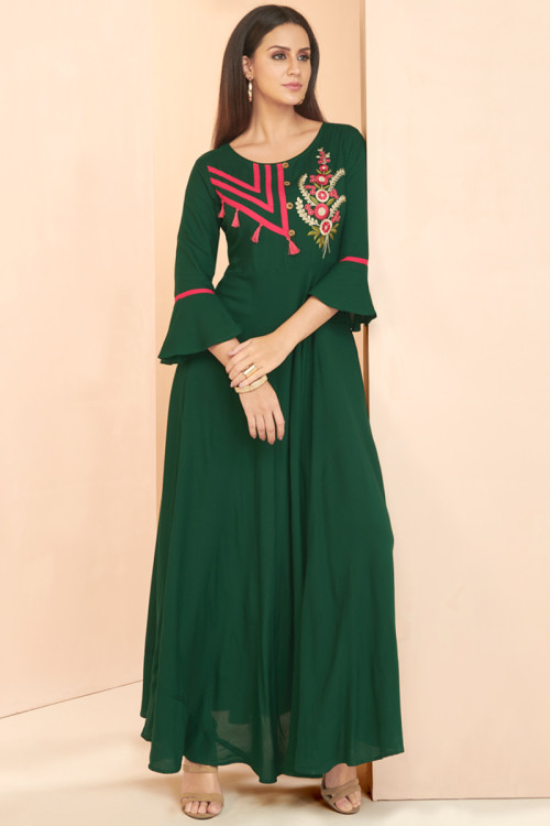 Rayon Kurti In Bottle Green Color