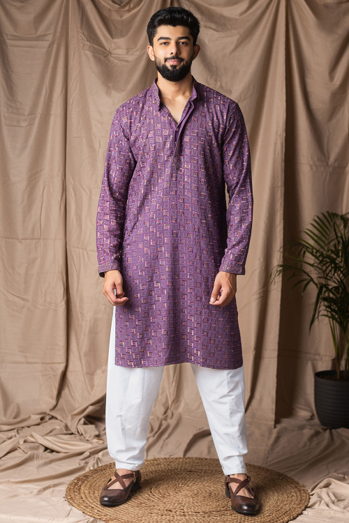 Rayon Lavender Purple Embroidered Men's Kurta Pajama