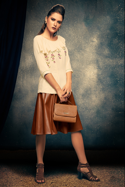 Rayon Light Beige Embroidered Short Kurti