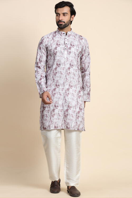 Rayon Light Mauve Printed Straight Cut Men Kurta Pajama