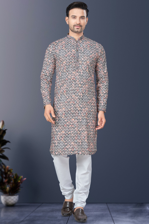 Rayon Multi Color Printed Straight Cut Men's Kurta Churidar