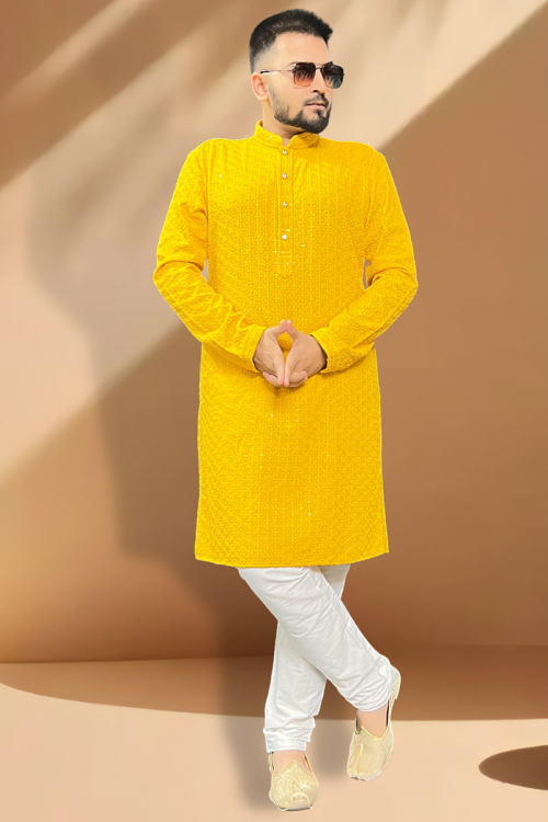 Rayon Mustard Yellow Embroidered Straight Cut Men's Kurta Churidar
